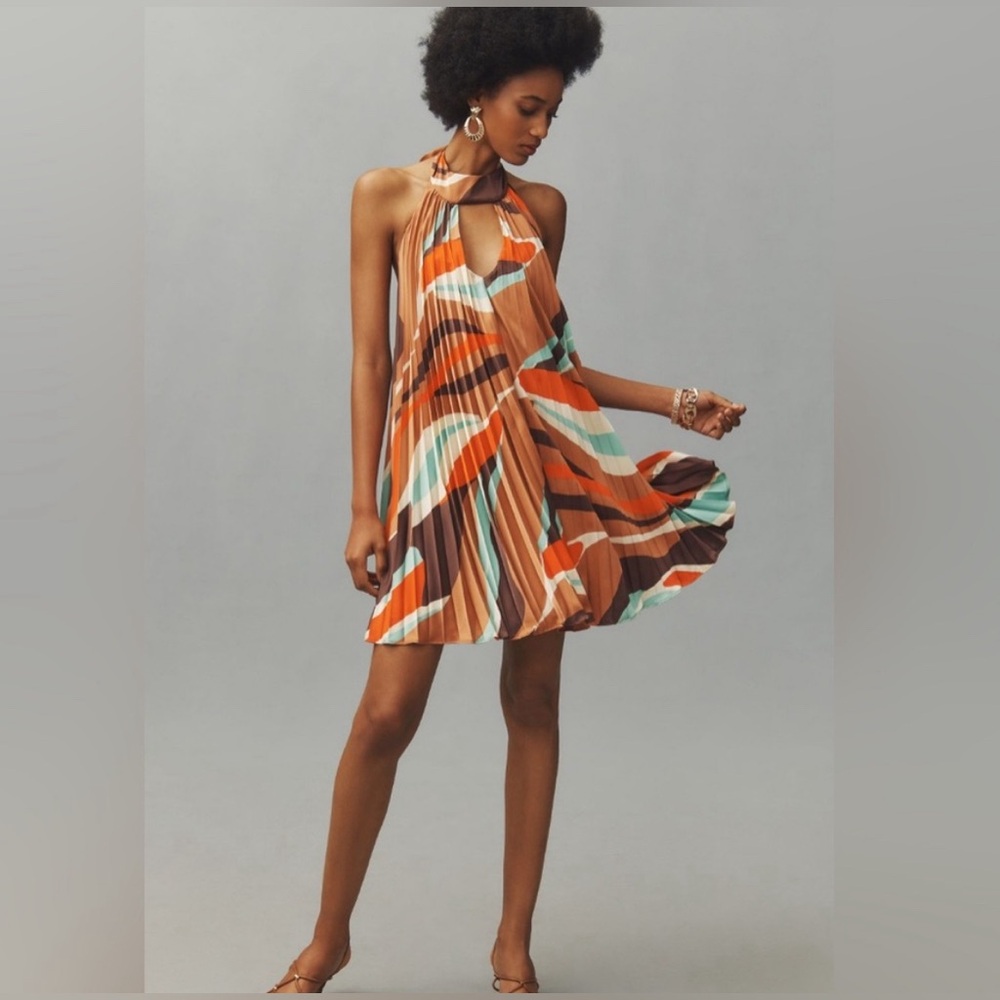 Anthropologie Multicolor Pleated Halter Mini Dress